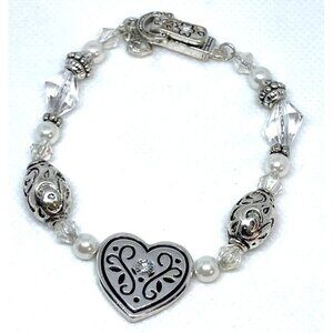 Mother Crystal Pearls Beaded Engraved Heart Charm Bangle Bracelet 7.5 Inches